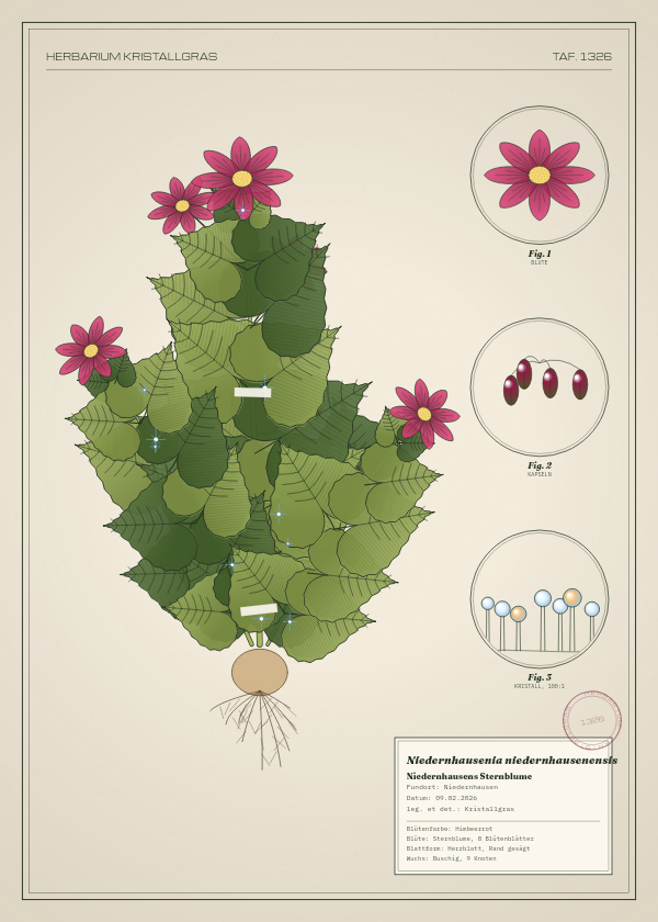 Botanische Tafel: Niedernhausenia niedernhausenensis, eine erfundene Pflanze aus Niedernhausen, gezeichnet wie in einem alten Pflanzenatlas