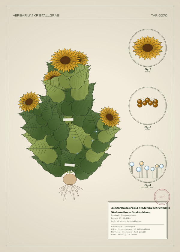 Botanische Tafel: Niedernwoehrenia niedernwoehrenensis, eine erfundene Pflanze aus Niedernwöhren, gezeichnet wie in einem alten Pflanzenatlas