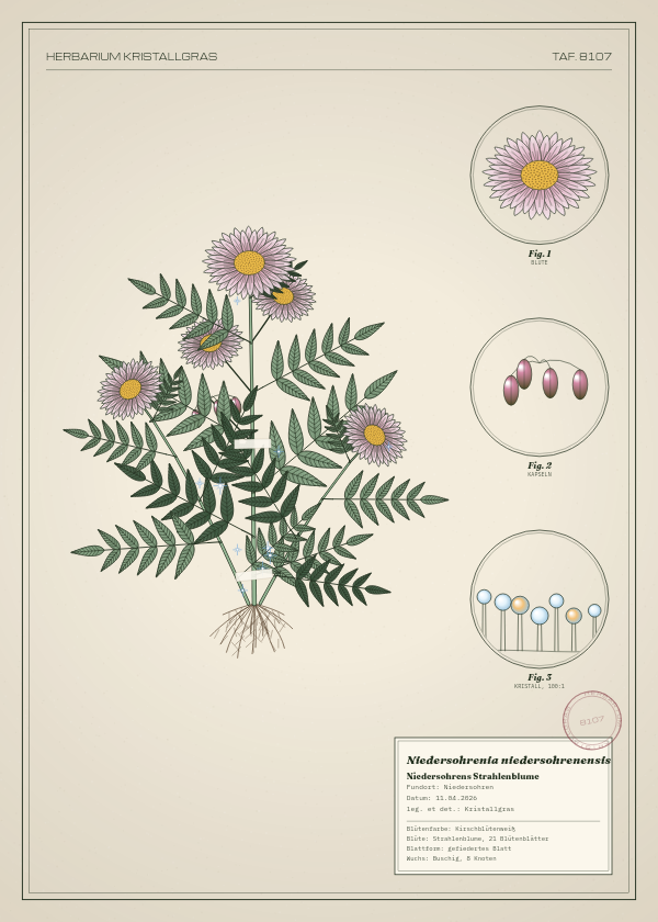 Botanische Tafel: Niedersohrenia niedersohrenensis, eine erfundene Pflanze aus Niedersohren, gezeichnet wie in einem alten Pflanzenatlas