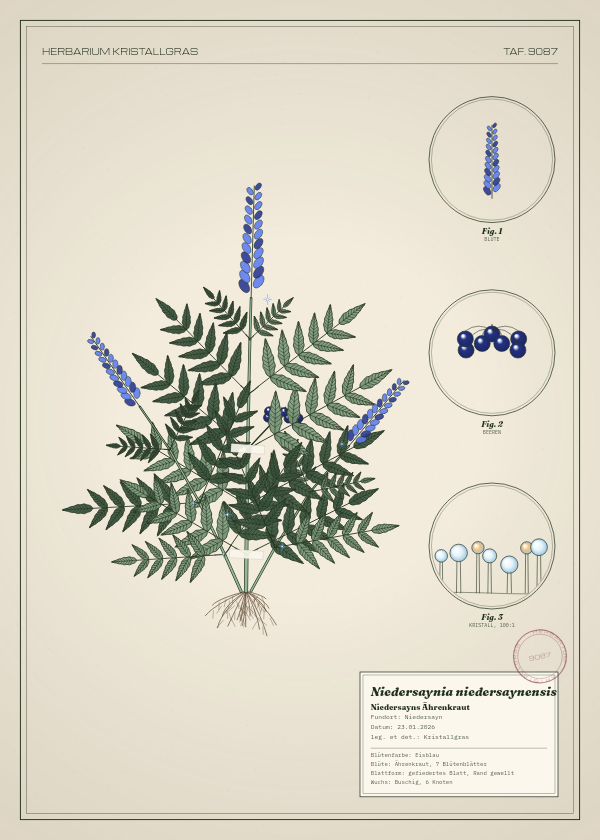 Botanische Tafel: Niedersaynia niedersaynensis, eine erfundene Pflanze aus Niedersayn, gezeichnet wie in einem alten Pflanzenatlas