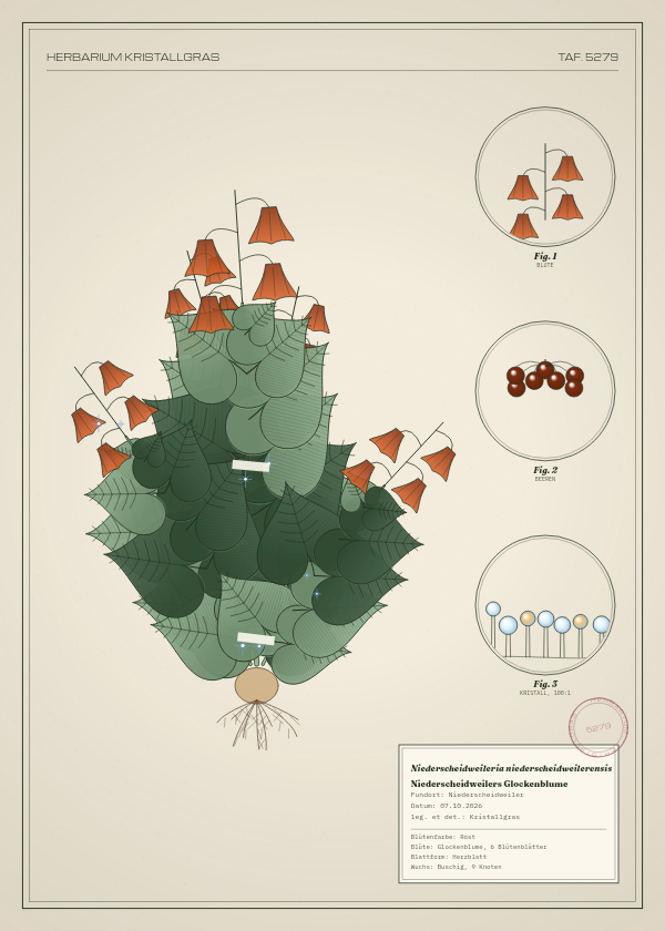 Botanische Tafel: Niederscheidweileria niederscheidweilerensis, eine erfundene Pflanze aus Niederscheidweiler, gezeichnet wie in einem alten Pflanzenatlas