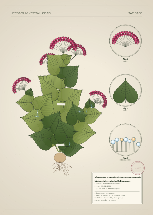 Botanische Tafel: Niederschlettenbachia niederschlettenbachensis, eine erfundene Pflanze aus Niederschlettenbach, gezeichnet wie in einem alten Pflanzenatlas