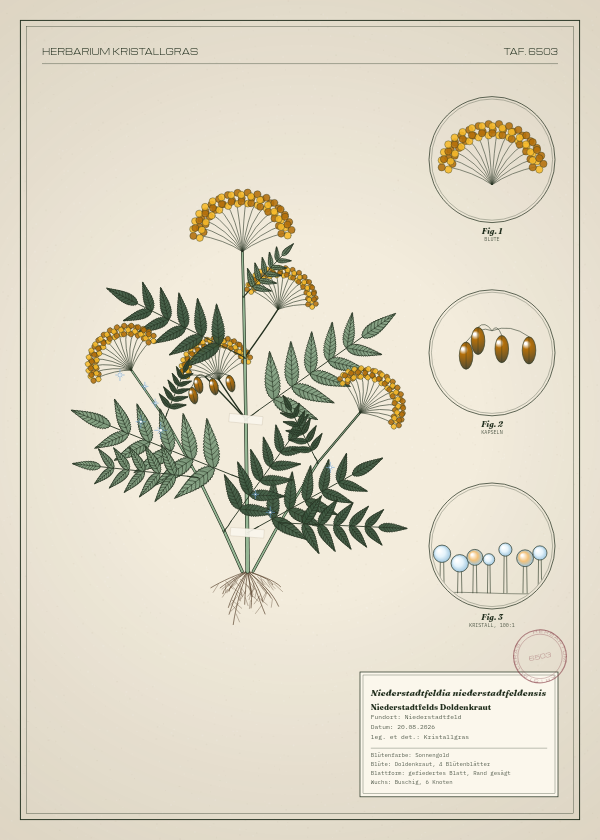 Botanische Tafel: Niederstadtfeldia niederstadtfeldensis, eine erfundene Pflanze aus Niederstadtfeld, gezeichnet wie in einem alten Pflanzenatlas