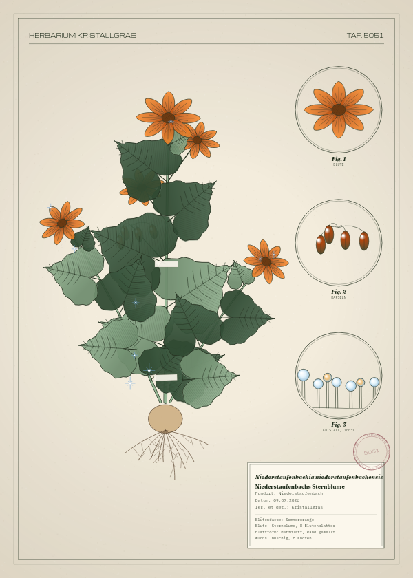 Botanische Tafel: Niederstaufenbachia niederstaufenbachensis, eine erfundene Pflanze aus Niederstaufenbach, gezeichnet wie in einem alten Pflanzenatlas