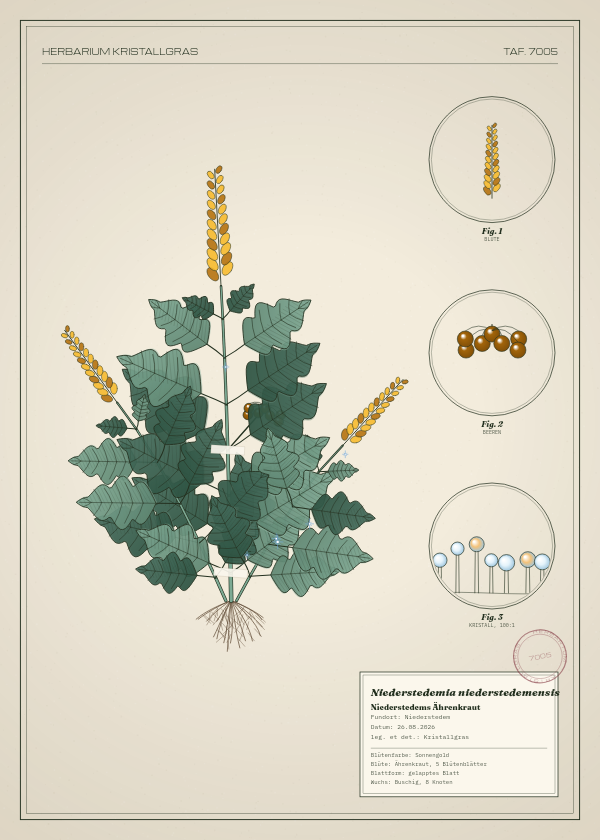 Botanische Tafel: Niederstedemia niederstedemensis, eine erfundene Pflanze aus Niederstedem, gezeichnet wie in einem alten Pflanzenatlas