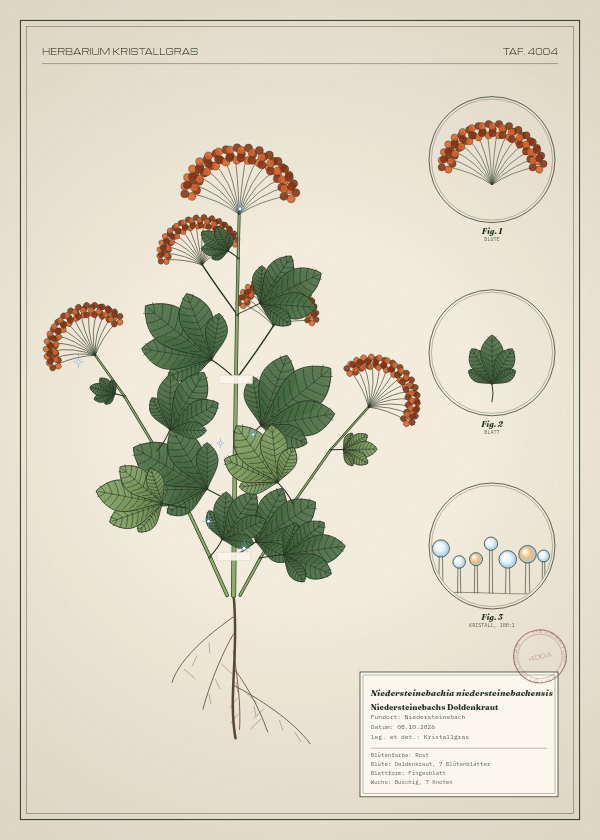 Botanische Tafel: Niedersteinebachia niedersteinebachensis, eine erfundene Pflanze aus Niedersteinebach, gezeichnet wie in einem alten Pflanzenatlas