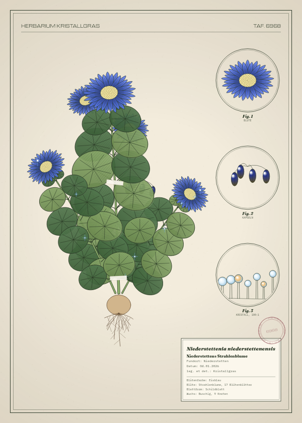Botanische Tafel: Niederstettenia niederstettenensis, eine erfundene Pflanze aus Niederstetten, gezeichnet wie in einem alten Pflanzenatlas