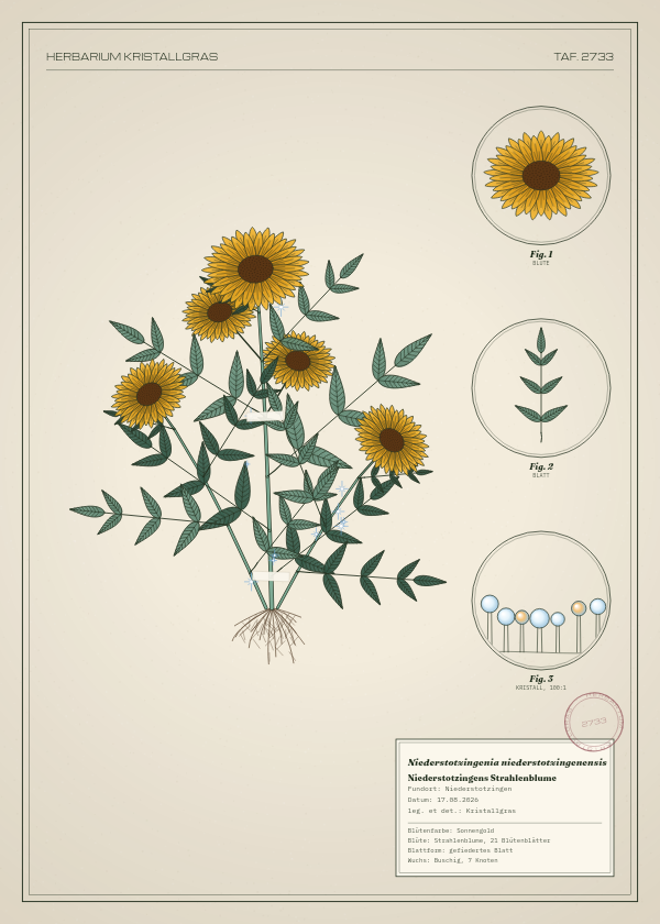 Botanische Tafel: Niederstotzingenia niederstotzingenensis, eine erfundene Pflanze aus Niederstotzingen, gezeichnet wie in einem alten Pflanzenatlas