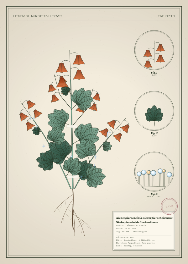 Botanische Tafel: Niederpierscheidia niederpierscheidensis, eine erfundene Pflanze aus Niederpierscheid, gezeichnet wie in einem alten Pflanzenatlas