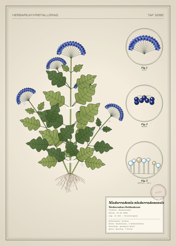 Botanische Tafel: Niederradenia niederradenensis, eine erfundene Pflanze aus Niederraden, gezeichnet wie in einem alten Pflanzenatlas