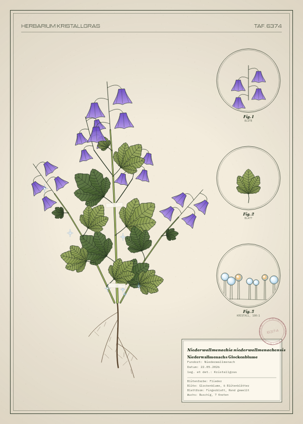 Botanische Tafel: Niederwallmenachia niederwallmenachensis, eine erfundene Pflanze aus Niederwallmenach, gezeichnet wie in einem alten Pflanzenatlas
