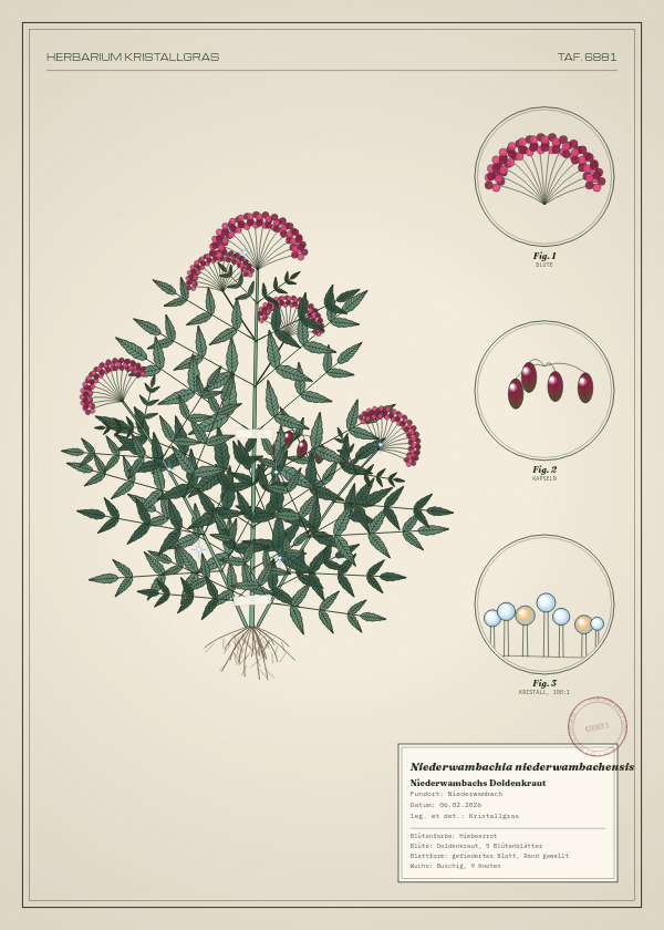 Botanische Tafel: Niederwambachia niederwambachensis, eine erfundene Pflanze aus Niederwambach, gezeichnet wie in einem alten Pflanzenatlas