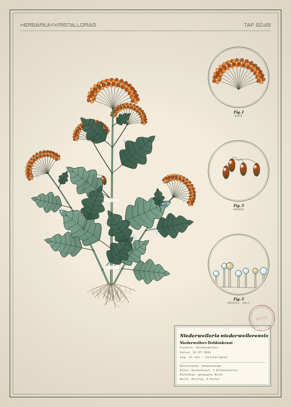 Botanische Tafel: Niederweileria niederweilerensis, eine erfundene Pflanze aus Niederweiler, gezeichnet wie in einem alten Pflanzenatlas