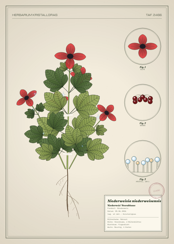 Botanische Tafel: Niederweisia niederweisensis, eine erfundene Pflanze aus Niederweis, gezeichnet wie in einem alten Pflanzenatlas