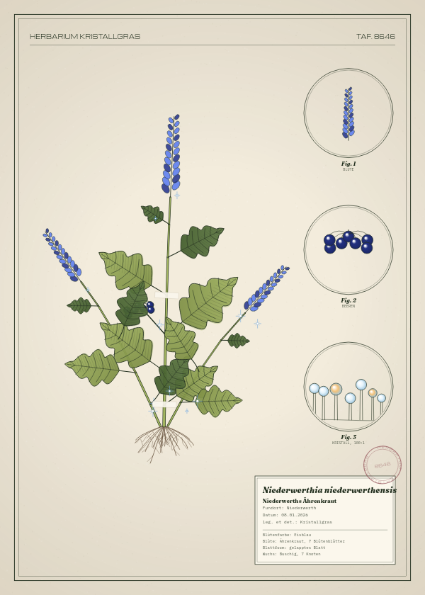 Botanische Tafel: Niederwerthia niederwerthensis, eine erfundene Pflanze aus Niederwerth, gezeichnet wie in einem alten Pflanzenatlas