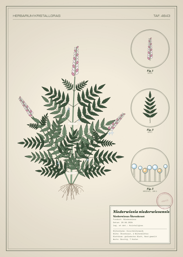 Botanische Tafel: Niederwiesia niederwiesensis, eine erfundene Pflanze aus Niederwiesa, gezeichnet wie in einem alten Pflanzenatlas