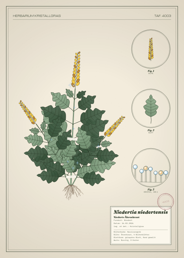 Botanische Tafel: Niedertia niedertensis, eine erfundene Pflanze aus Niedert, gezeichnet wie in einem alten Pflanzenatlas
