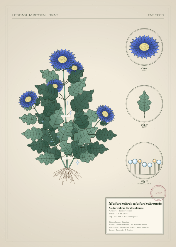 Botanische Tafel: Niedertrebria niedertrebrensis, eine erfundene Pflanze aus Niedertrebra, gezeichnet wie in einem alten Pflanzenatlas