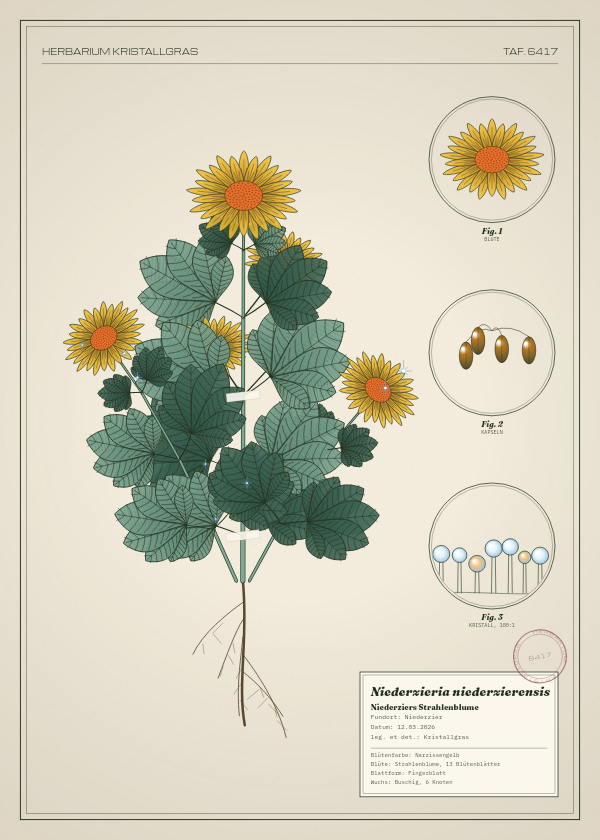 Botanische Tafel: Niederzieria niederzierensis, eine erfundene Pflanze aus Niederzier, gezeichnet wie in einem alten Pflanzenatlas
