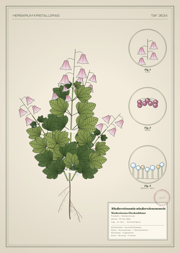 Botanische Tafel: Niederzissenia niederzissenensis, eine erfundene Pflanze aus Niederzissen, gezeichnet wie in einem alten Pflanzenatlas