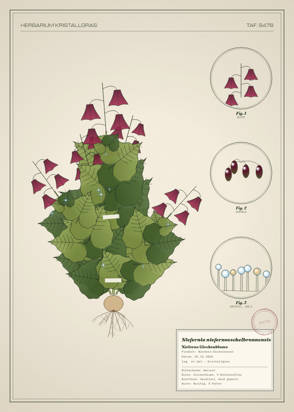 Botanische Tafel: Niefernia niefernoeschelbronnensis, eine erfundene Pflanze aus Niefern-Öschelbronn, gezeichnet wie in einem alten Pflanzenatlas