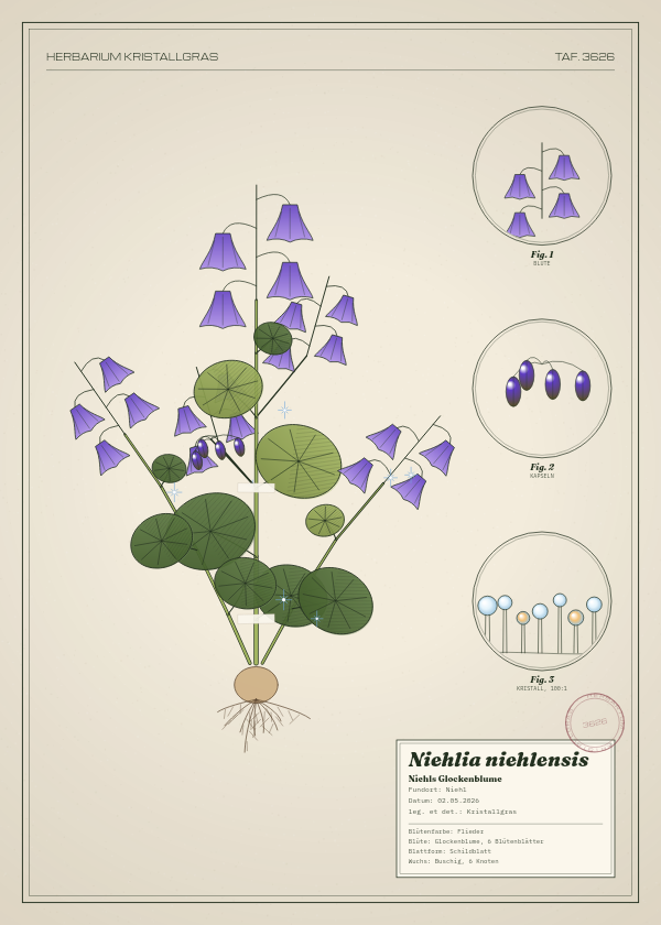 Botanische Tafel: Niehlia niehlensis, eine erfundene Pflanze aus Niehl, gezeichnet wie in einem alten Pflanzenatlas