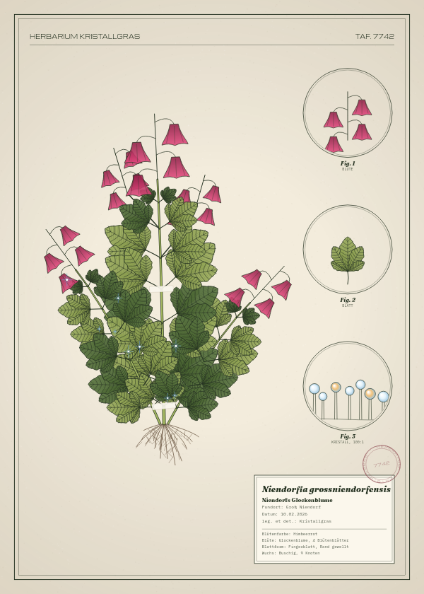 Botanische Tafel: Niendorfia grossniendorfensis, eine erfundene Pflanze aus Groß Niendorf, gezeichnet wie in einem alten Pflanzenatlas