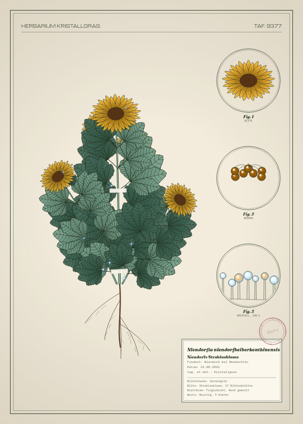 Botanische Tafel: Niendorfia niendorfbeiberkenthinensis, eine erfundene Pflanze aus Niendorf bei Berkenthin, gezeichnet wie in einem alten Pflanzenatlas