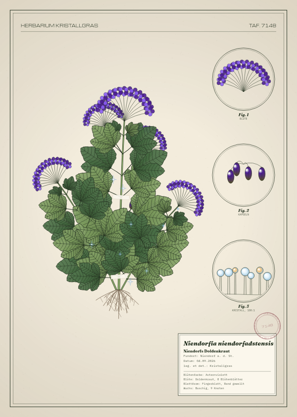 Botanische Tafel: Niendorfia niendorfadstensis, eine erfundene Pflanze aus Niendorf a. d. St., gezeichnet wie in einem alten Pflanzenatlas