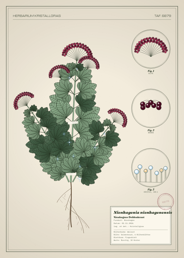 Botanische Tafel: Nienhagenia nienhagenensis, eine erfundene Pflanze aus Nienhagen, gezeichnet wie in einem alten Pflanzenatlas