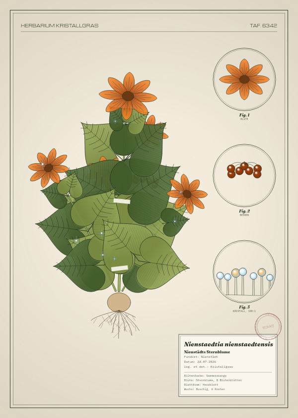 Botanische Tafel: Nienstaedtia nienstaedtensis, eine erfundene Pflanze aus Nienstädt, gezeichnet wie in einem alten Pflanzenatlas