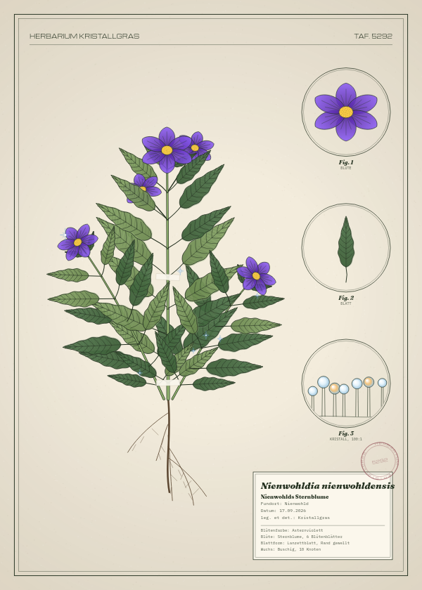 Botanische Tafel: Nienwohldia nienwohldensis, eine erfundene Pflanze aus Nienwohld, gezeichnet wie in einem alten Pflanzenatlas