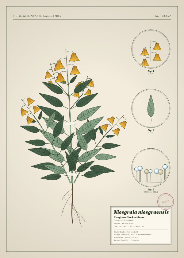 Botanische Tafel: Niesgraia niesgraensis, eine erfundene Pflanze aus Niesgrau, gezeichnet wie in einem alten Pflanzenatlas