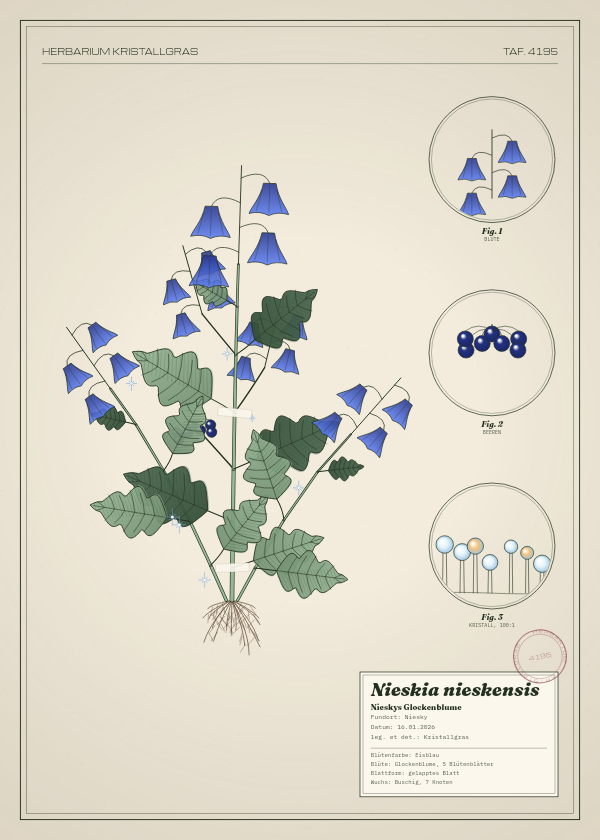 Botanische Tafel: Nieskia nieskensis, eine erfundene Pflanze aus Niesky, gezeichnet wie in einem alten Pflanzenatlas