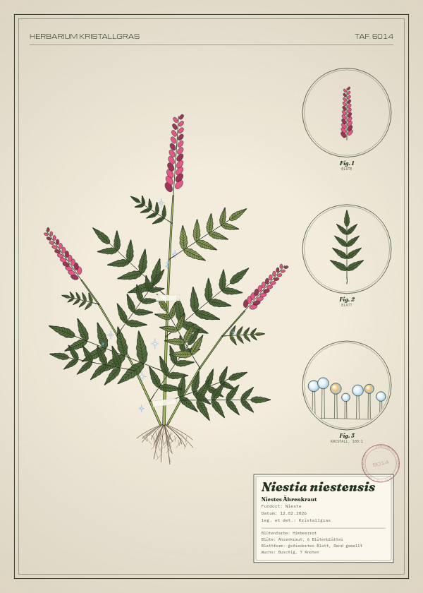 Botanische Tafel: Niestia niestensis, eine erfundene Pflanze aus Nieste, gezeichnet wie in einem alten Pflanzenatlas