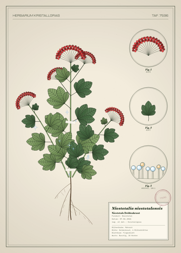 Botanische Tafel: Niestetalia niestetalensis, eine erfundene Pflanze aus Niestetal, gezeichnet wie in einem alten Pflanzenatlas