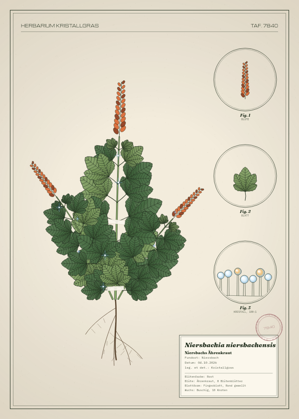 Botanische Tafel: Niersbachia niersbachensis, eine erfundene Pflanze aus Niersbach, gezeichnet wie in einem alten Pflanzenatlas
