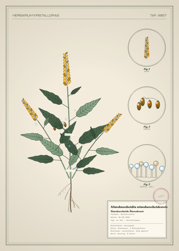 Botanische Tafel: Nimshuscheidia nimshuscheidensis, eine erfundene Pflanze aus Nimshuscheid, gezeichnet wie in einem alten Pflanzenatlas