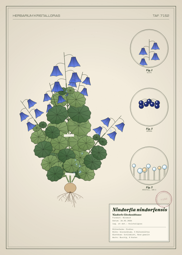 Botanische Tafel: Nindorfia nindorfensis, eine erfundene Pflanze aus Nindorf, gezeichnet wie in einem alten Pflanzenatlas
