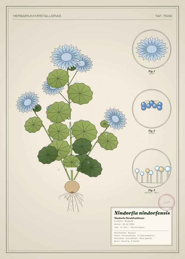 Botanische Tafel: Nindorfia nindorfensis, eine erfundene Pflanze aus Nindorf, gezeichnet wie in einem alten Pflanzenatlas