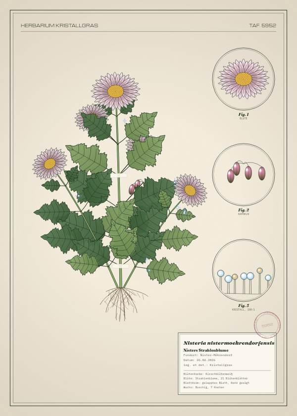 Botanische Tafel: Nisteria nistermoehrendorfensis, eine erfundene Pflanze aus Nister-Möhrendorf, gezeichnet wie in einem alten Pflanzenatlas