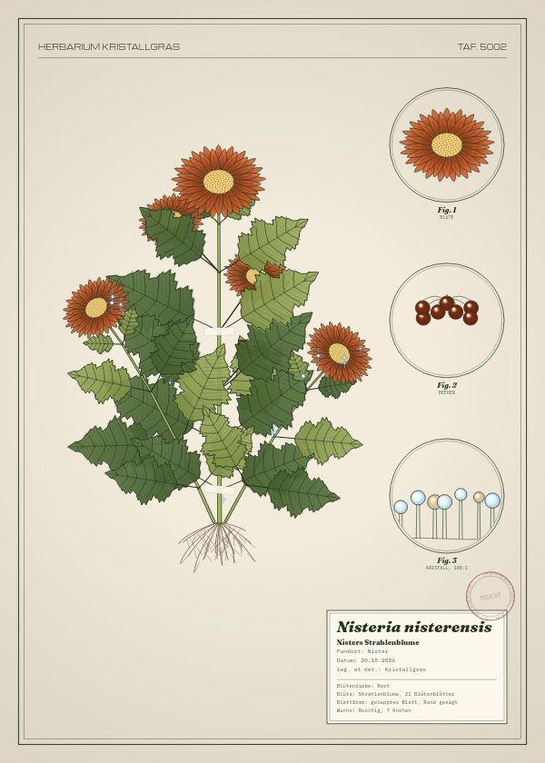 Botanische Tafel: Nisteria nisterensis, eine erfundene Pflanze aus Nister, gezeichnet wie in einem alten Pflanzenatlas