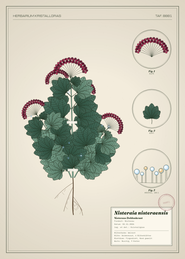 Botanische Tafel: Nisteraia nisteraensis, eine erfundene Pflanze aus Nisterau, gezeichnet wie in einem alten Pflanzenatlas