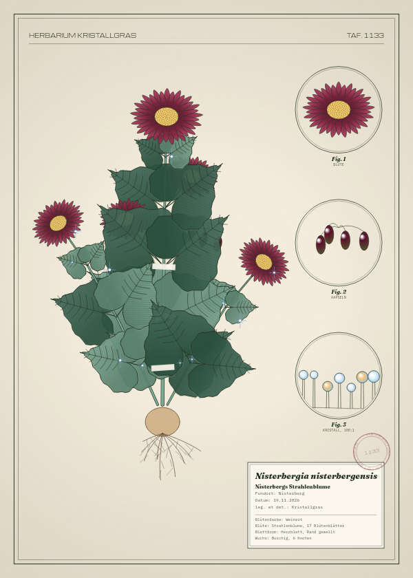 Botanische Tafel: Nisterbergia nisterbergensis, eine erfundene Pflanze aus Nisterberg, gezeichnet wie in einem alten Pflanzenatlas