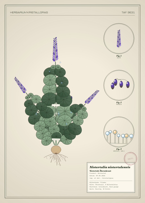 Botanische Tafel: Nistertalia nistertalensis, eine erfundene Pflanze aus Nistertal, gezeichnet wie in einem alten Pflanzenatlas