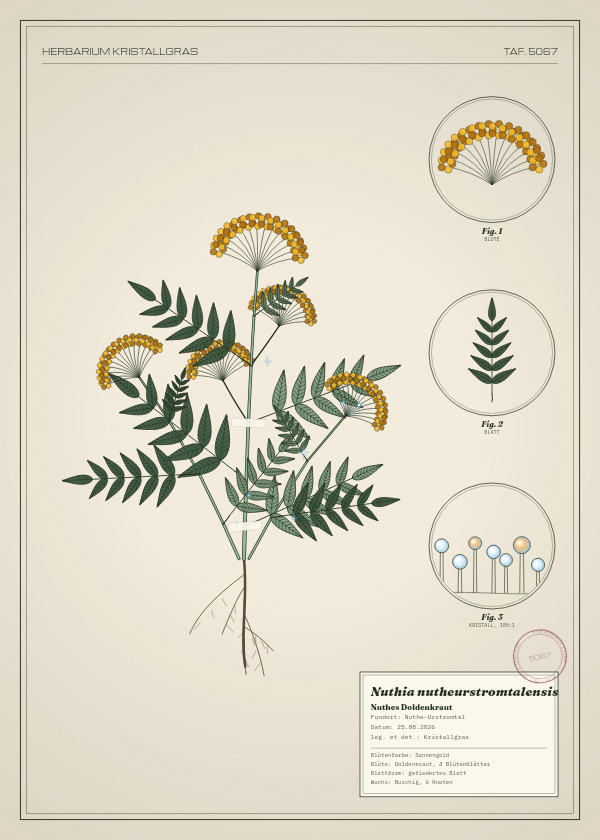 Botanische Tafel: Nuthia nutheurstromtalensis, eine erfundene Pflanze aus Nuthe-Urstromtal, gezeichnet wie in einem alten Pflanzenatlas