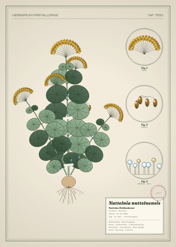 Botanische Tafel: Nuttelnia nuttelnensis, eine erfundene Pflanze aus Nutteln, gezeichnet wie in einem alten Pflanzenatlas