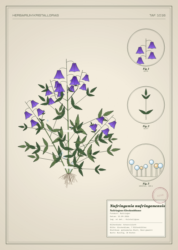 Botanische Tafel: Nufringenia nufringenensis, eine erfundene Pflanze aus Nufringen, gezeichnet wie in einem alten Pflanzenatlas