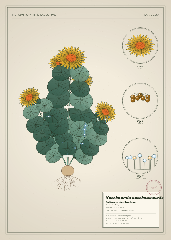 Botanische Tafel: Nussbaumia nussbaumensis, eine erfundene Pflanze aus Nußbaum, gezeichnet wie in einem alten Pflanzenatlas
