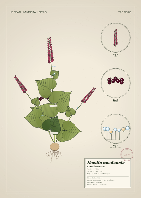Botanische Tafel: Noedia noedensis, eine erfundene Pflanze aus Nöda, gezeichnet wie in einem alten Pflanzenatlas